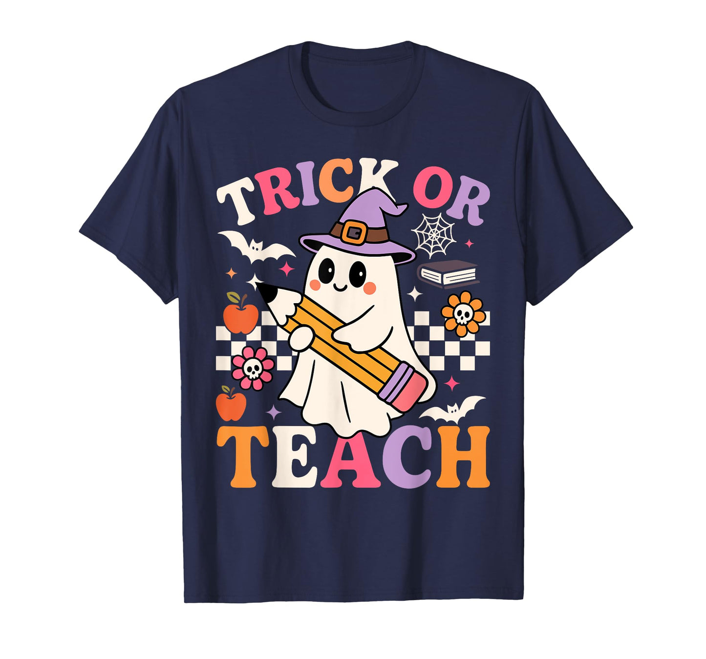 Retro Floral Ghost Trick Or Teach Groovy Teacher Halloween T-Shirt