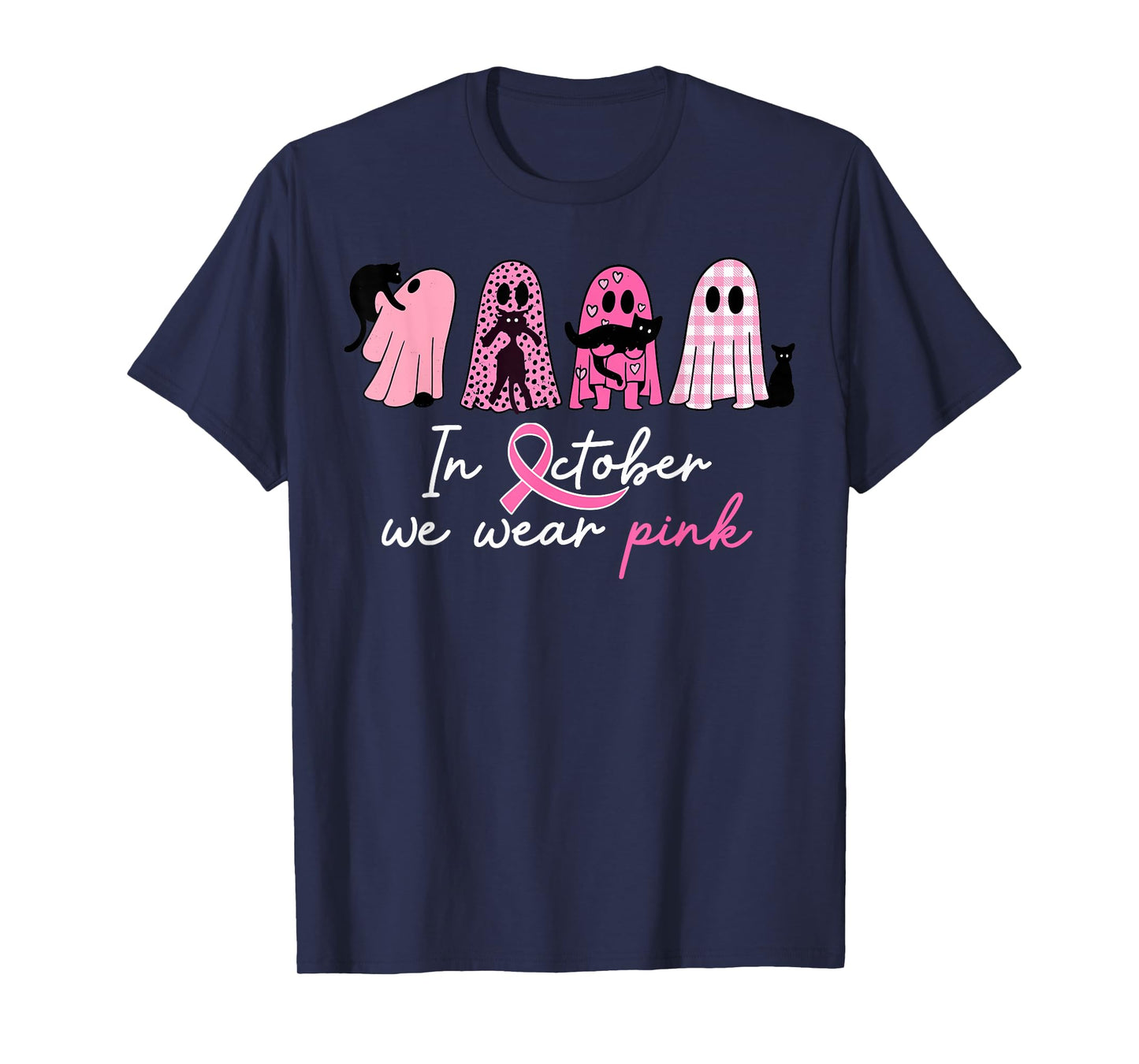 in October We Wear Pink Pumpkin Cat Breast Cancer Awareness T-Shirt