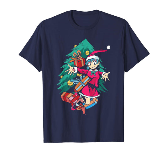 Anime Girl Santa Hat Christmas Pajama Cute Kawaii Xmas Otaku T-Shirt