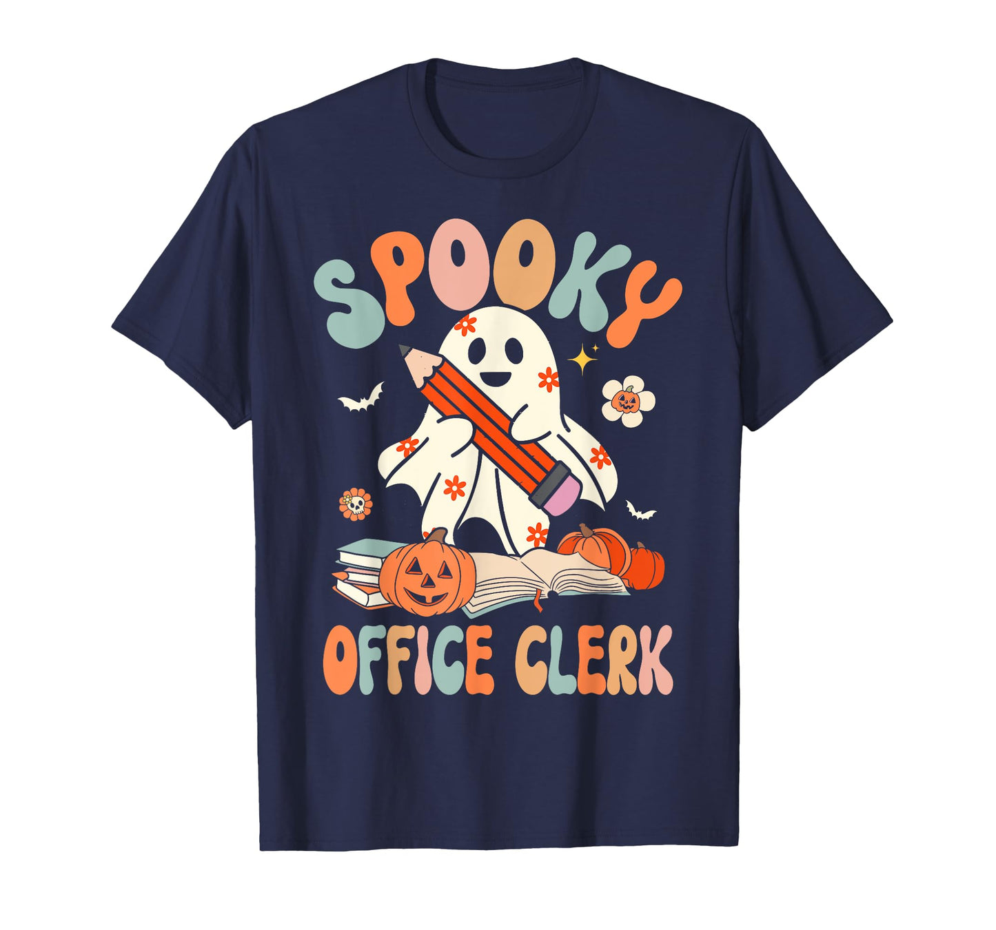 Groovy Halloween Spooky Office Clerk Retro Floral Ghost T-Shirt