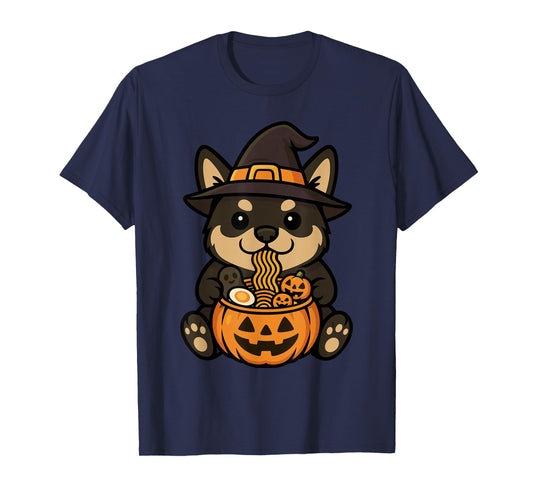 Spooky Black Tan Shiba Inu Pumpkin Japanese Ramen Noodles T-Shirt