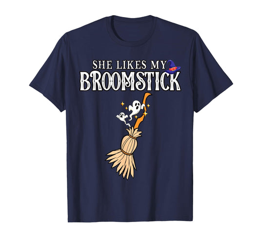 She Likes My Broomstick I Love Her Pumpkins Couple Halloween T-Shirt