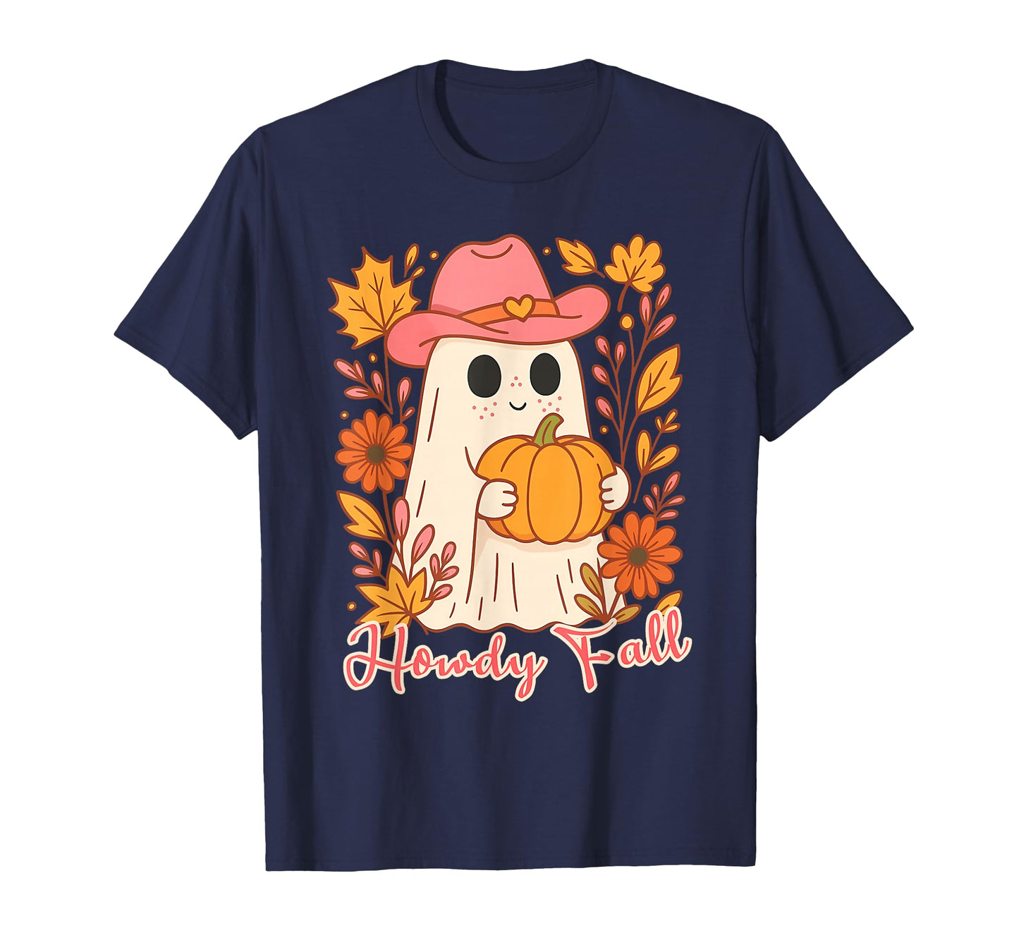 Cute Cowboy Ghost with Pumpkin Howdy Western Cozy Fall T-Shirt