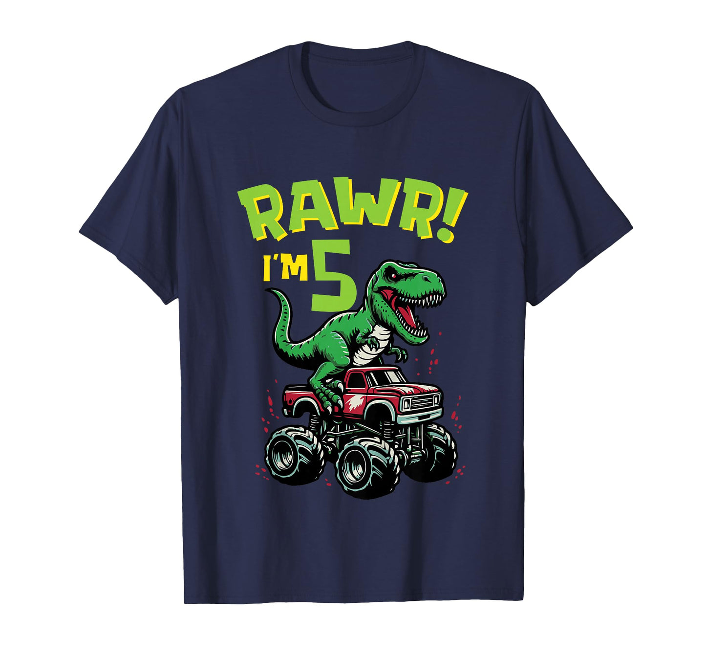 Kids Rawr Im 5 Dino On Monster Truck 5th Birthday Trex Boys Kids T-Shirt