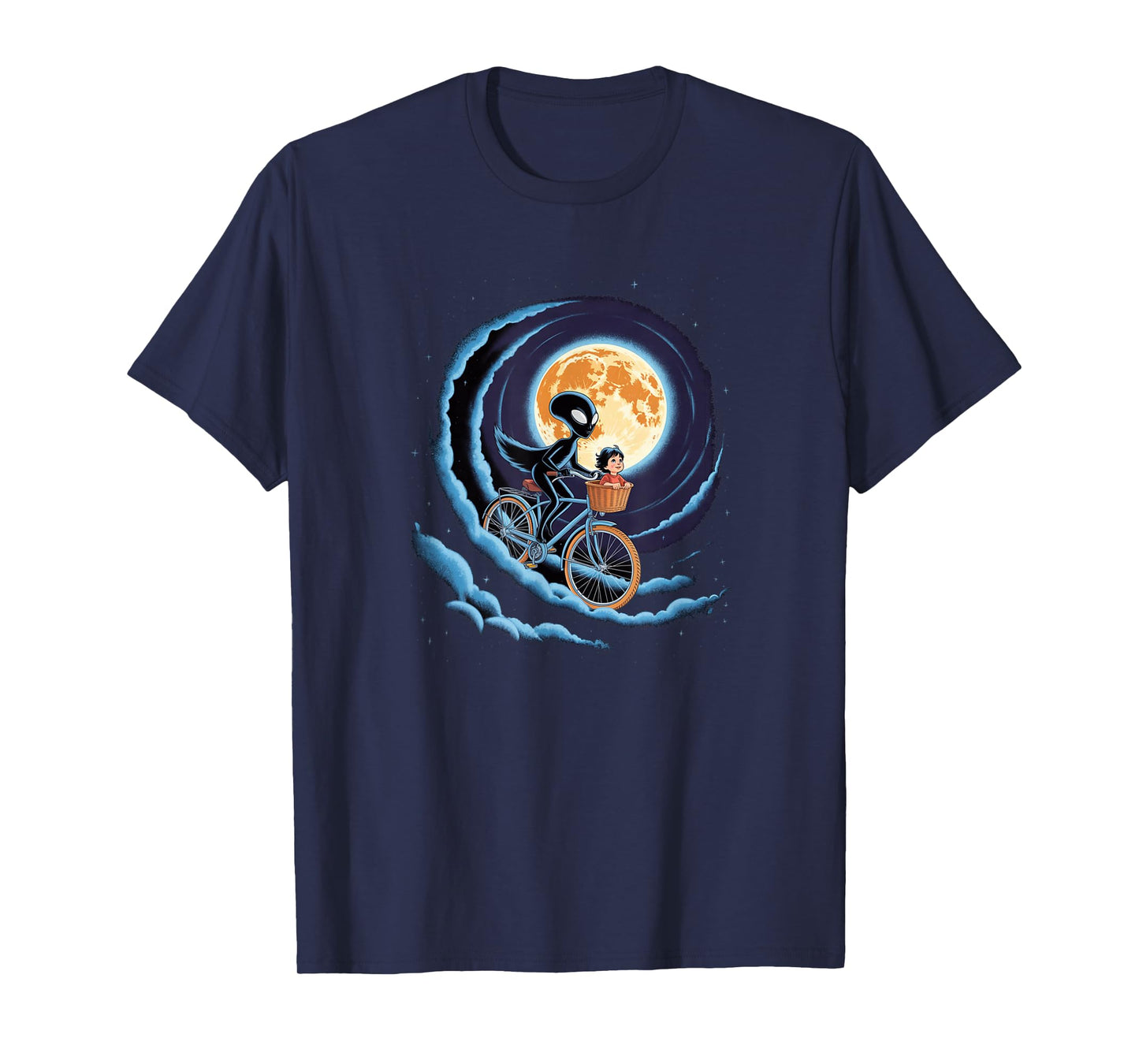 Alien & Kid Flying Bike - Retro Moon Ride Graphic T-Shirt