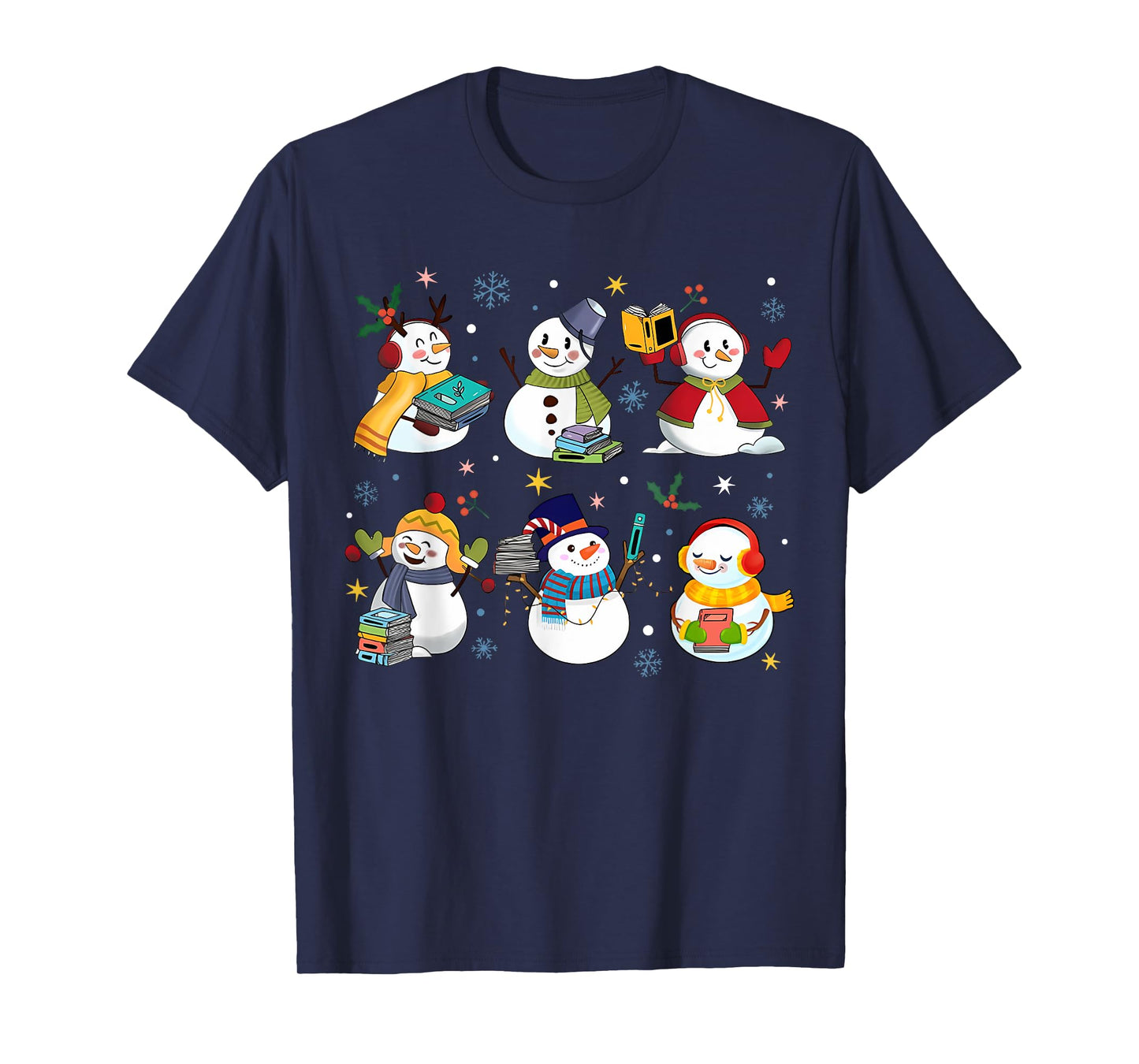 Snowman Reading Books Teacher Christmas Librarian Bookworm T-Shirt