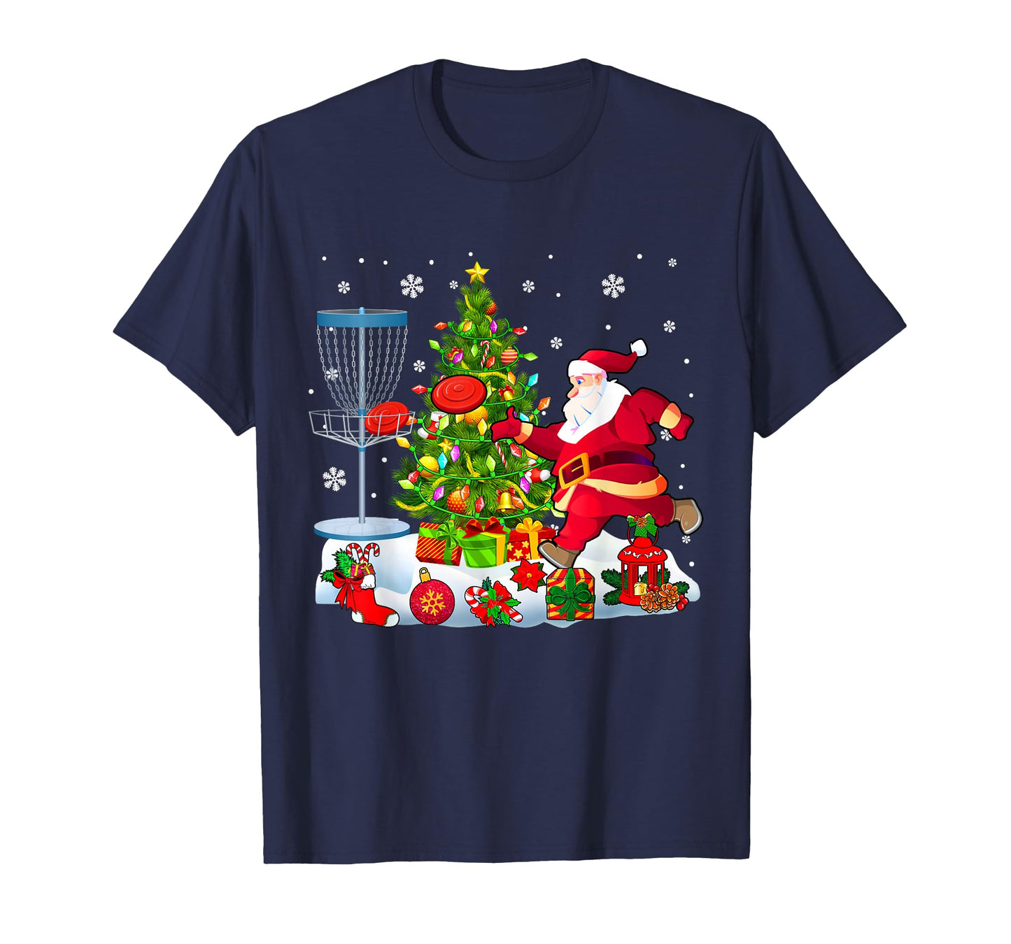 Xmas Tree Light Presents Santa Playing Disc Golf Player T-Shirt