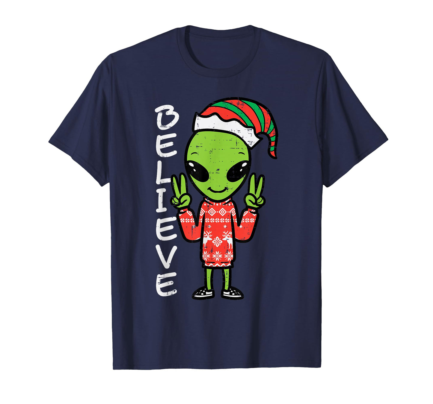 Christmas Alien Elf Believe Funny Xmas Space Men Women Kids T-Shirt