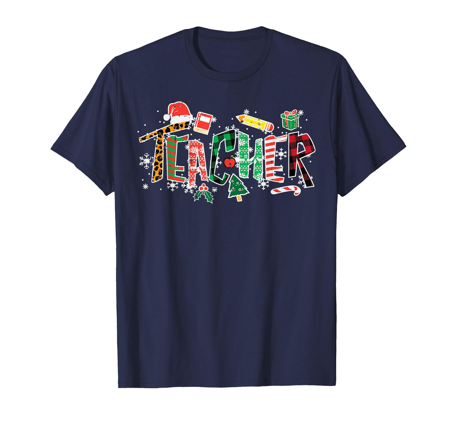 Leopard Buffalo Plaid Teacher Christmas School Xmas Women T-Shirt