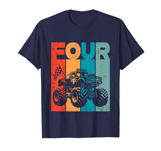 Kids 4th Birthday Monster Truck Four Retro 4 Years Old Bday Boys T-Shirt