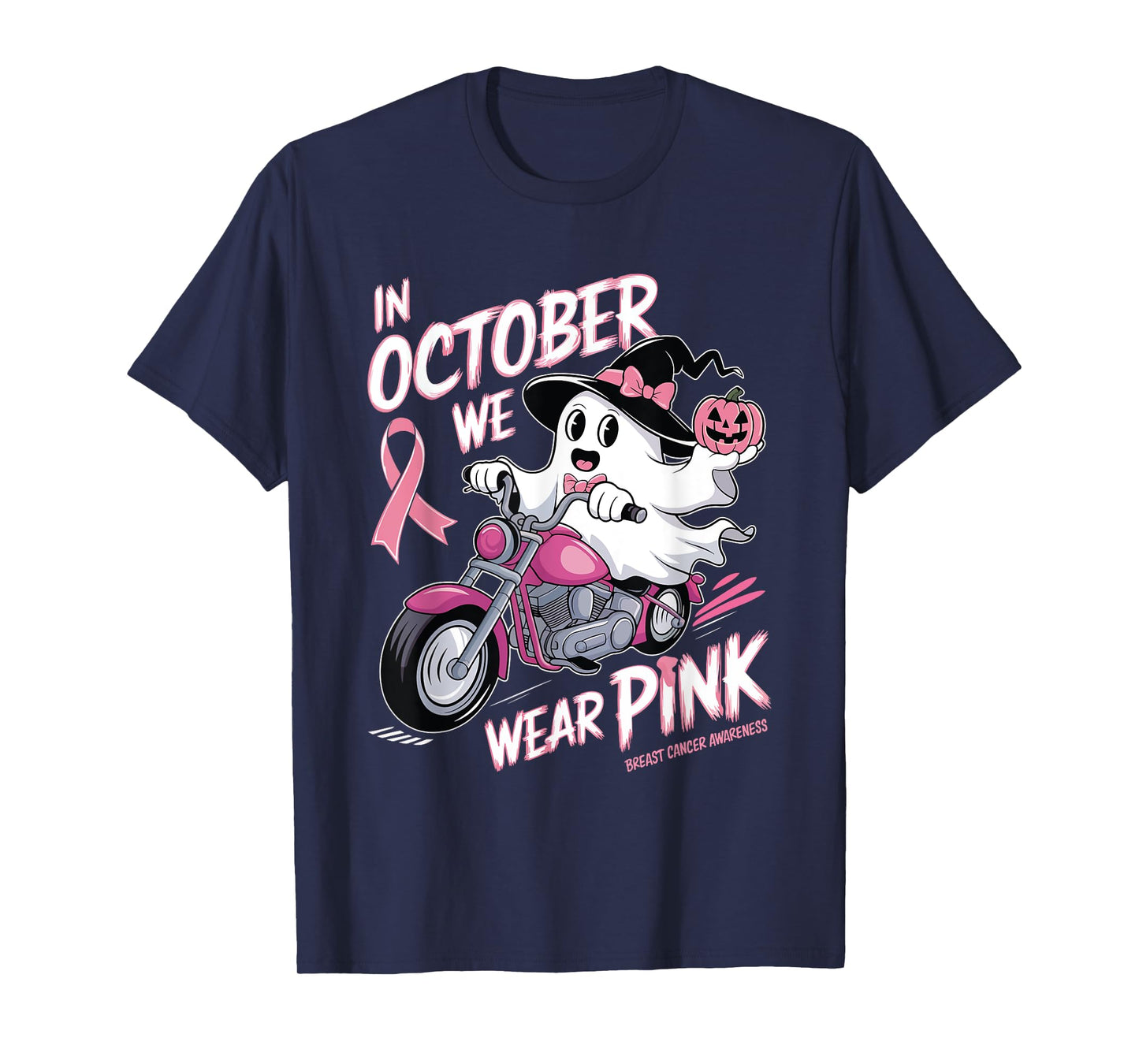 In October We Wear Pink Ghost Riding Motorcycle Halloween T-Shirt