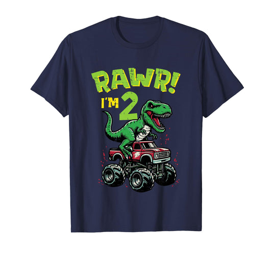 Kids Rawr Im 2 Dino On Monster Truck 2nd Birthday Trex Boys Kids T-Shirt