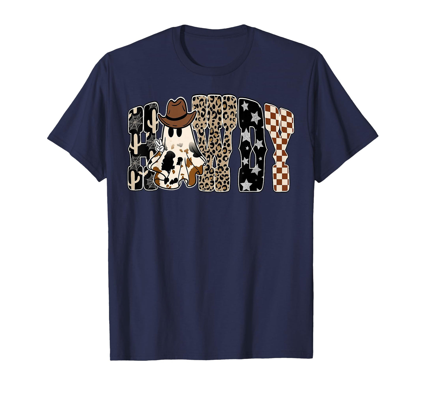 Leopard Howdy Boo Checkered Cute Cowboy Halloween T-Shirt