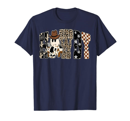 Leopard Howdy Boo Checkered Cute Cowboy Halloween T-Shirt