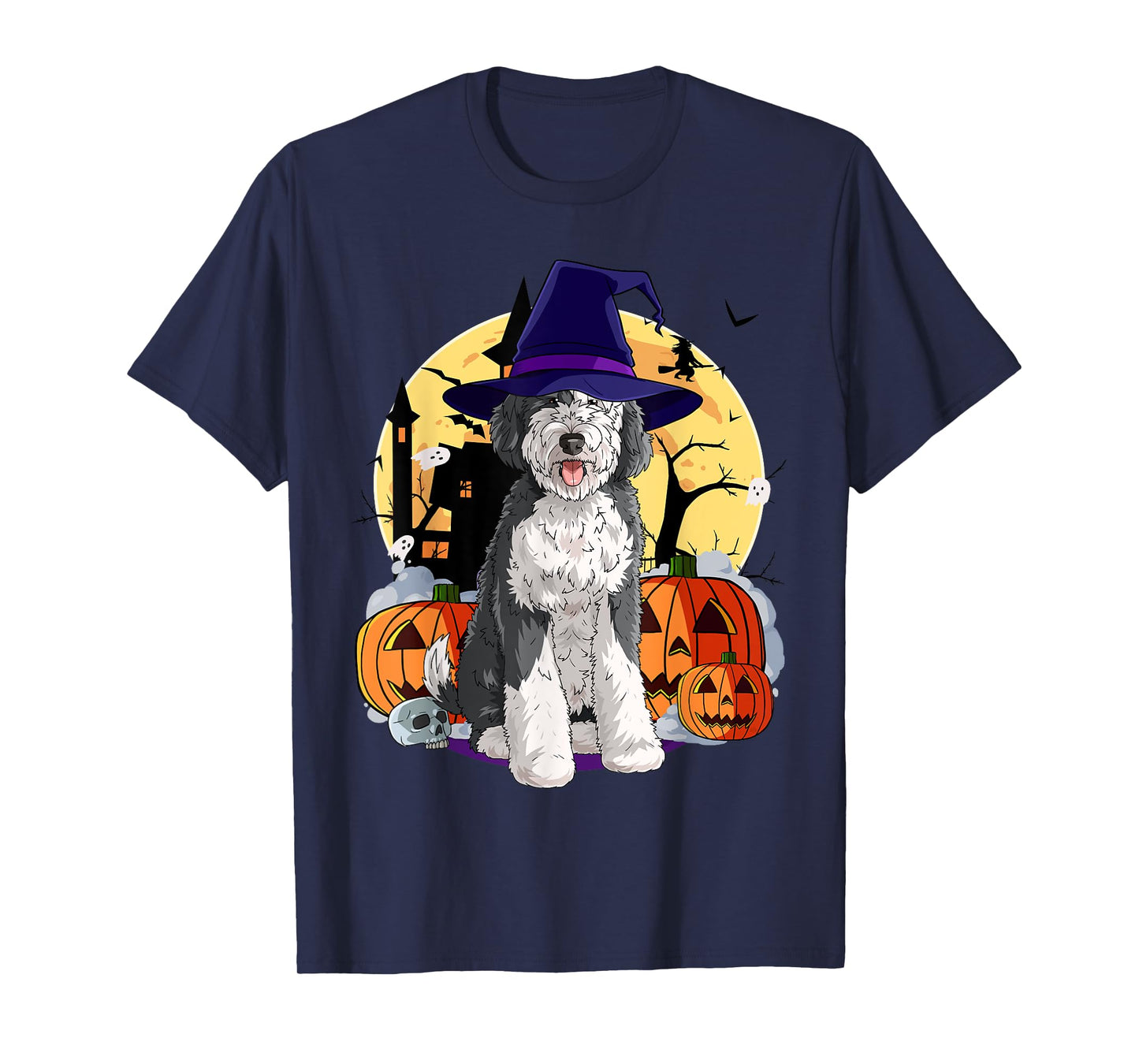 Sheepadoodle Cute Dog Halloween Witch Pumpkin T-Shirt