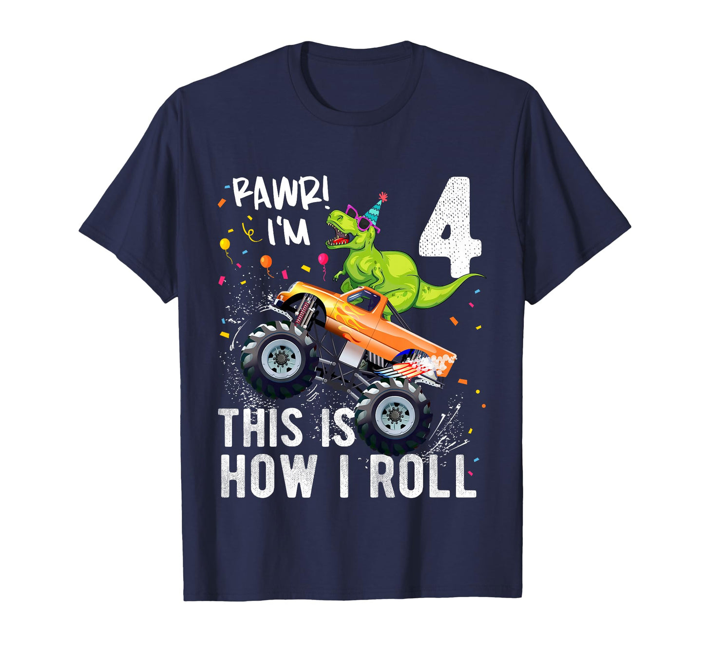 T Rex Dinosaur Monster Truck 4th Birthday Boys and Girls T-Shirt