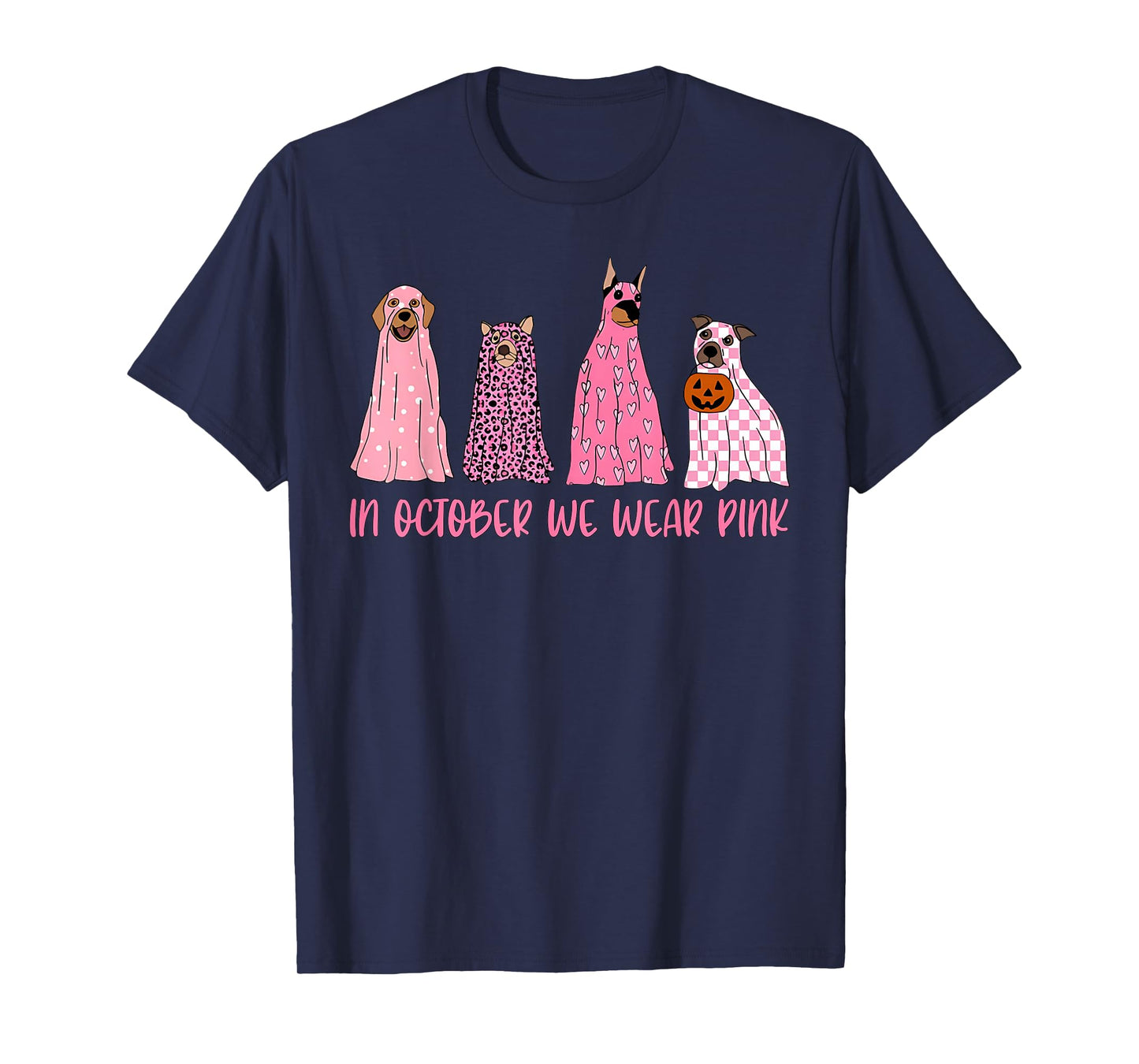 in October We Wear Pink Ghost Dogs Breast Cancer Awareness T-Shirt