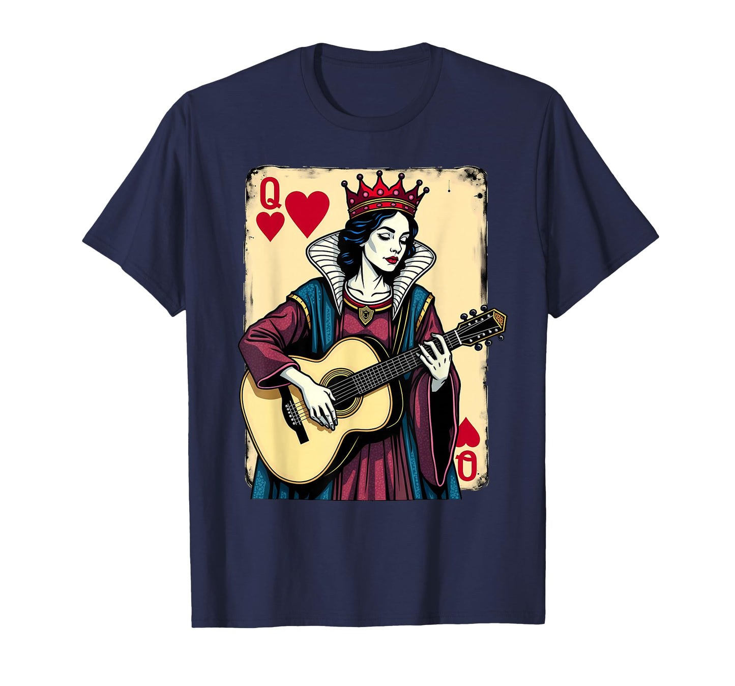 Vintage Card Game Hearts Queen Playing Guitar T-Shirt