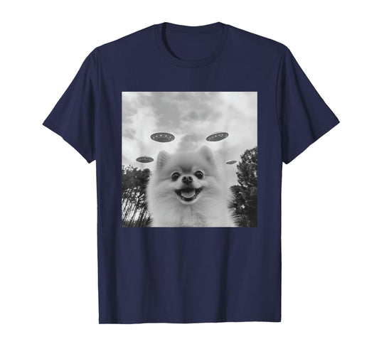 Cute Pomeranian Dog Selfie With UFO UAP Invasion Alien T-Shirt