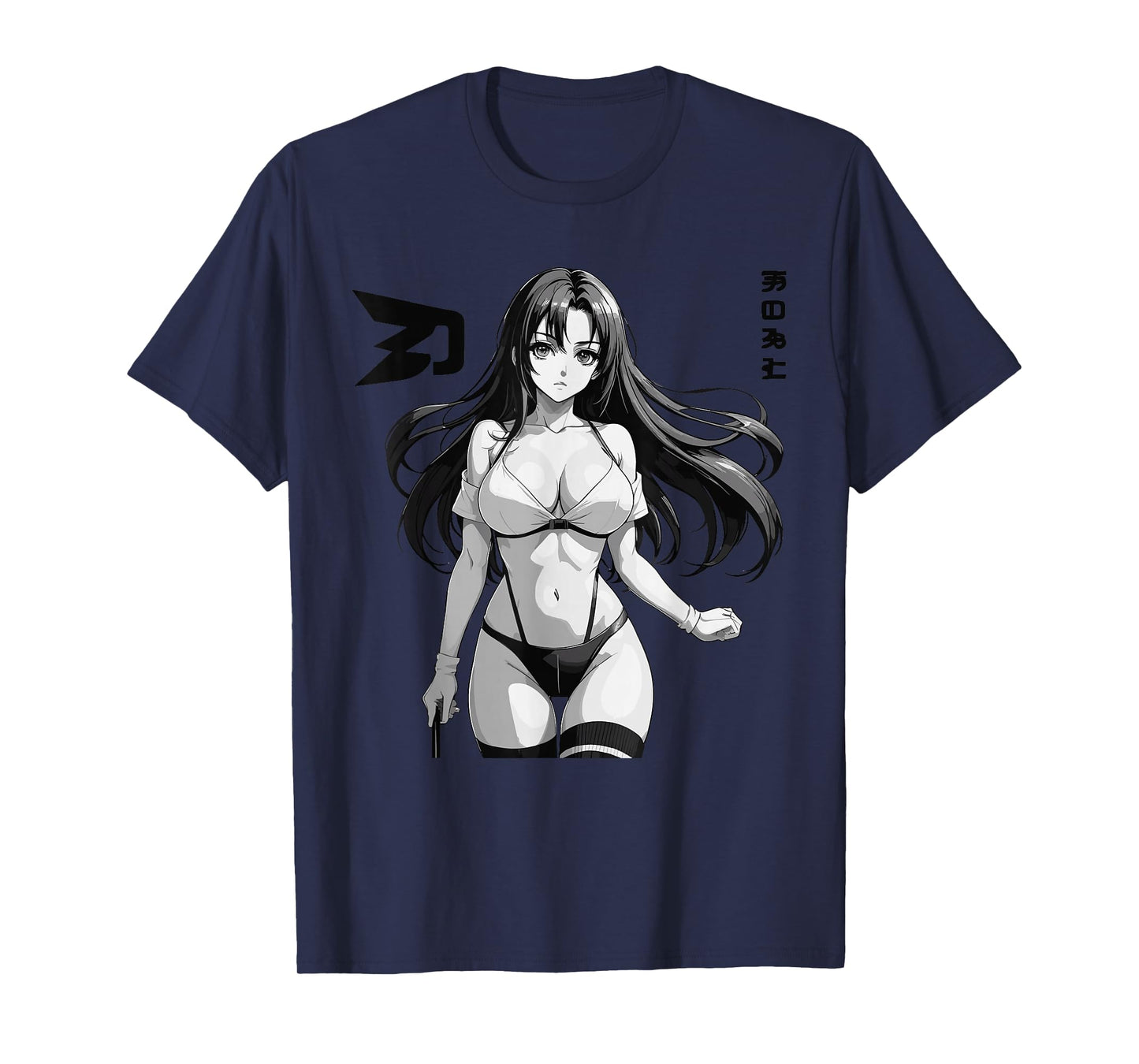 Sexy Waifu Otaku Anime Girl Japanese in Black and White Art T-Shirt