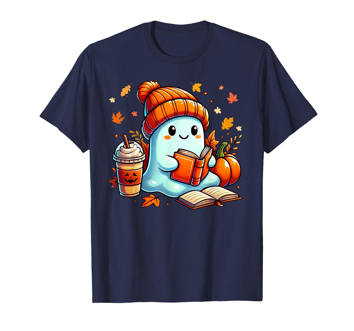 Cute Ghost Reading Book Lovers Halloween Coffee and Book T-Shirt
