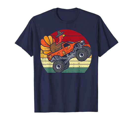 Monster Truck Turkey Sunset Retro Thanksgiving Boys Kids T-Shirt
