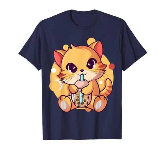 Kawaii Anime Cat Drinking Boba Tea Cat Bubble Tea T-Shirt for Men Women Girls Kids