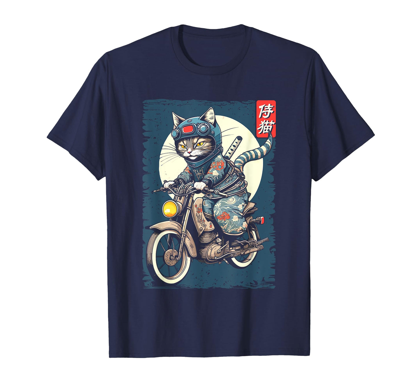 Japanese Samurai Cat on Motorcycle Kawaii Ninja Cat T-Shirt for Men Women Kids