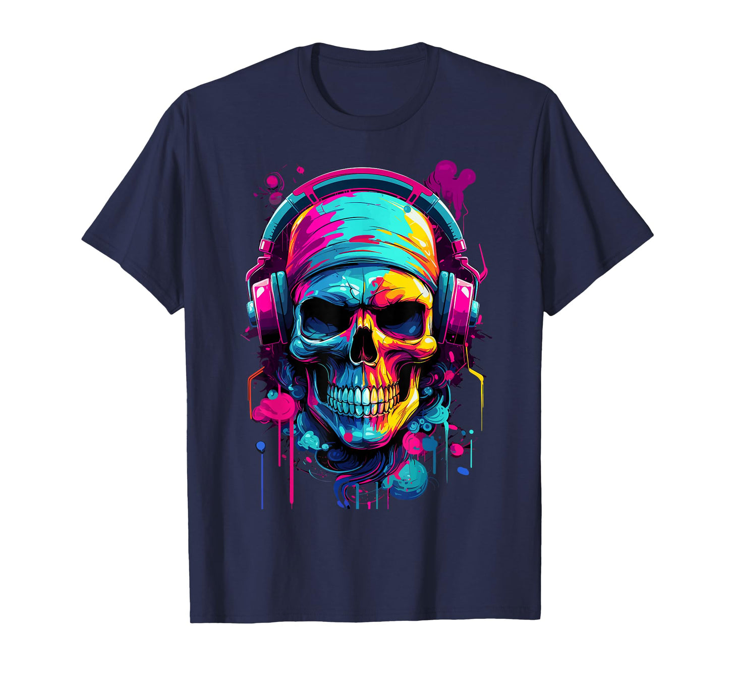 Colorful Skull With Headphones - Music Themed Horror T-Shirt