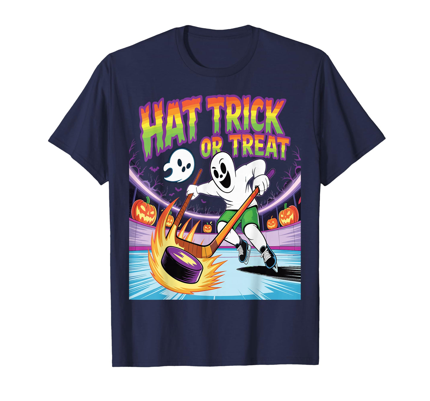 Hat Trick Or Treat Funny Ice Hockey Ghost Halloween T-Shirt