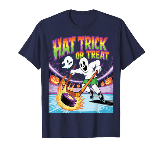 Hat Trick Or Treat Funny Ice Hockey Ghost Halloween T-Shirt