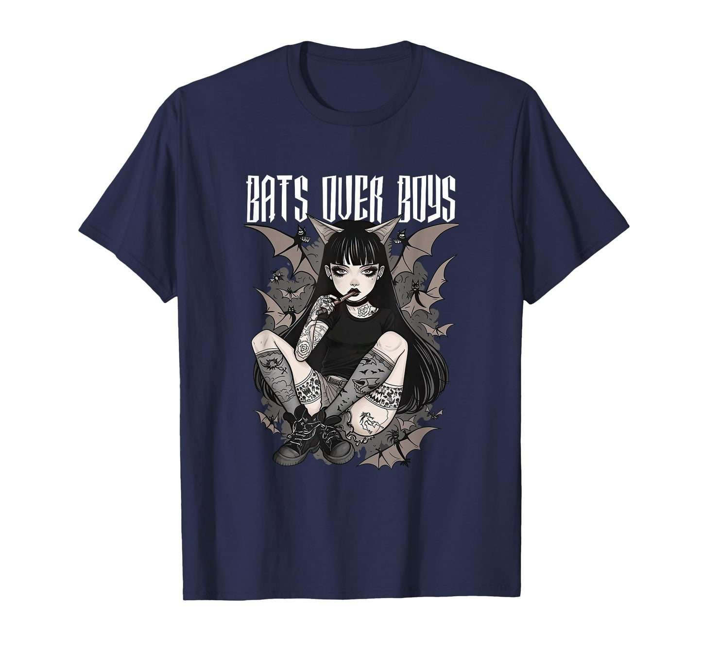 Bats Over Boys Quote Dark Aesthetic Spooky Gothic Anime Girl T-Shirt