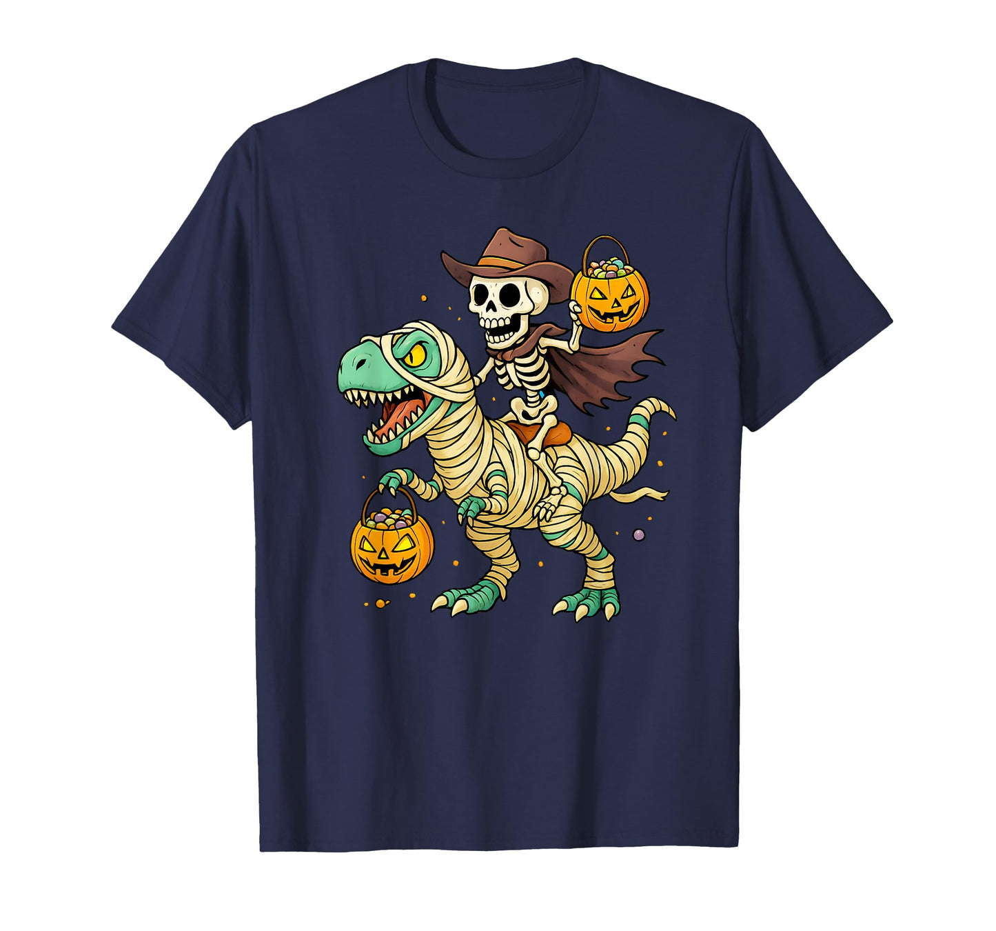 Skeleton Riding Mummy Dinosaur T Rex Kids Boys Men Halloween T-Shirt