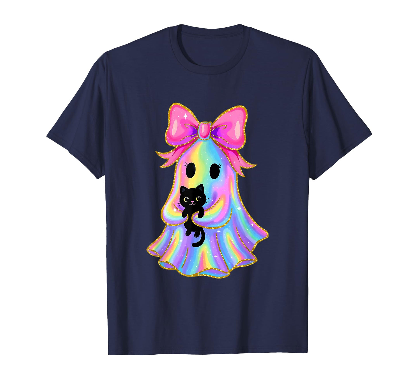 Funny Coquette Bow Halloween Ghost Holding Black Cat T-Shirt