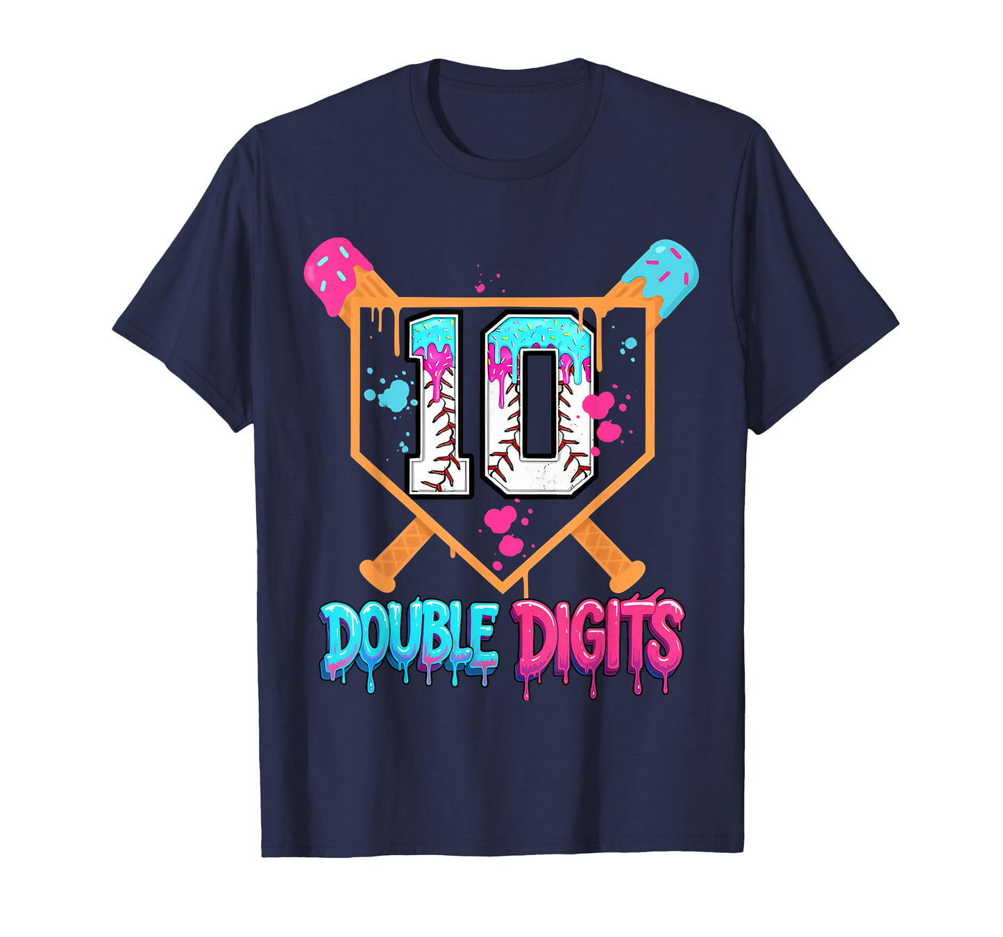 Baseball Drip 10th Birthday Boy Double Digits Ice Cream Drip T-Shirt