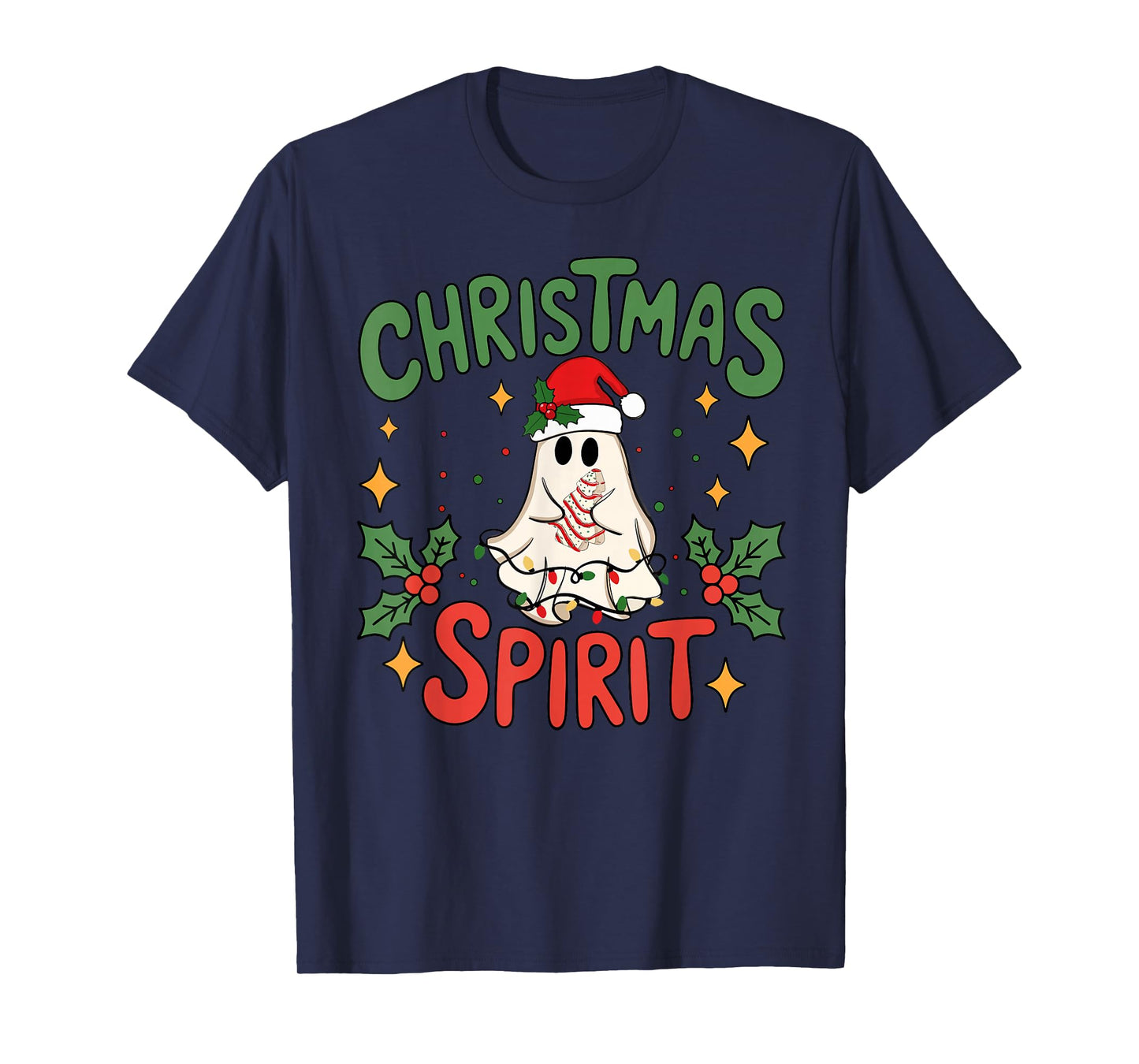 Cute Ghost Lights Tree Cake Funny Christmas Spirit Xmas T-Shirt