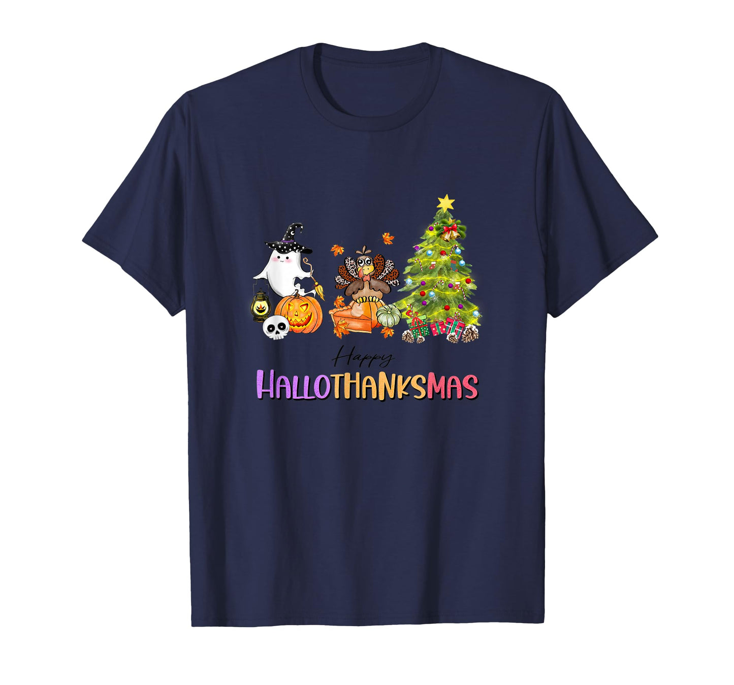 Happy Hallothanksmas Ghost Turkey Christmas Tree T-Shirt