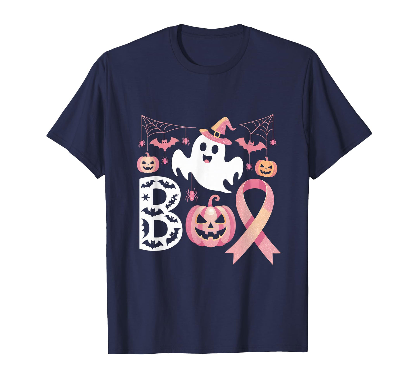 Boo Pink Ribbon Pumpkin Breast Cancer Halloween Ghost Design T-Shirt