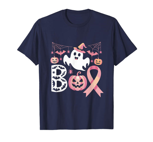 Boo Pink Ribbon Pumpkin Breast Cancer Halloween Ghost Design T-Shirt
