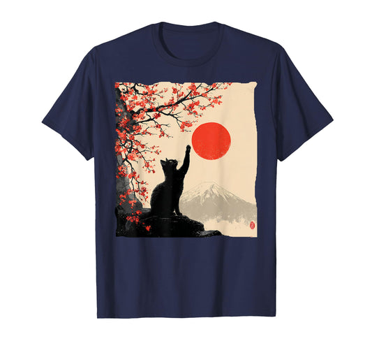 Black Cat Vintage Japan Art Japanese Theme Retro Print T-Shirt
