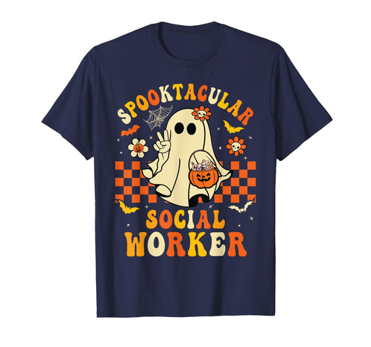 Groovy Spooktacular School Social Worker Halloween Ghost T-Shirt
