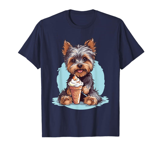 Yorkie Dog Anime Eating Ice Cream Summer Cute T-Shirt