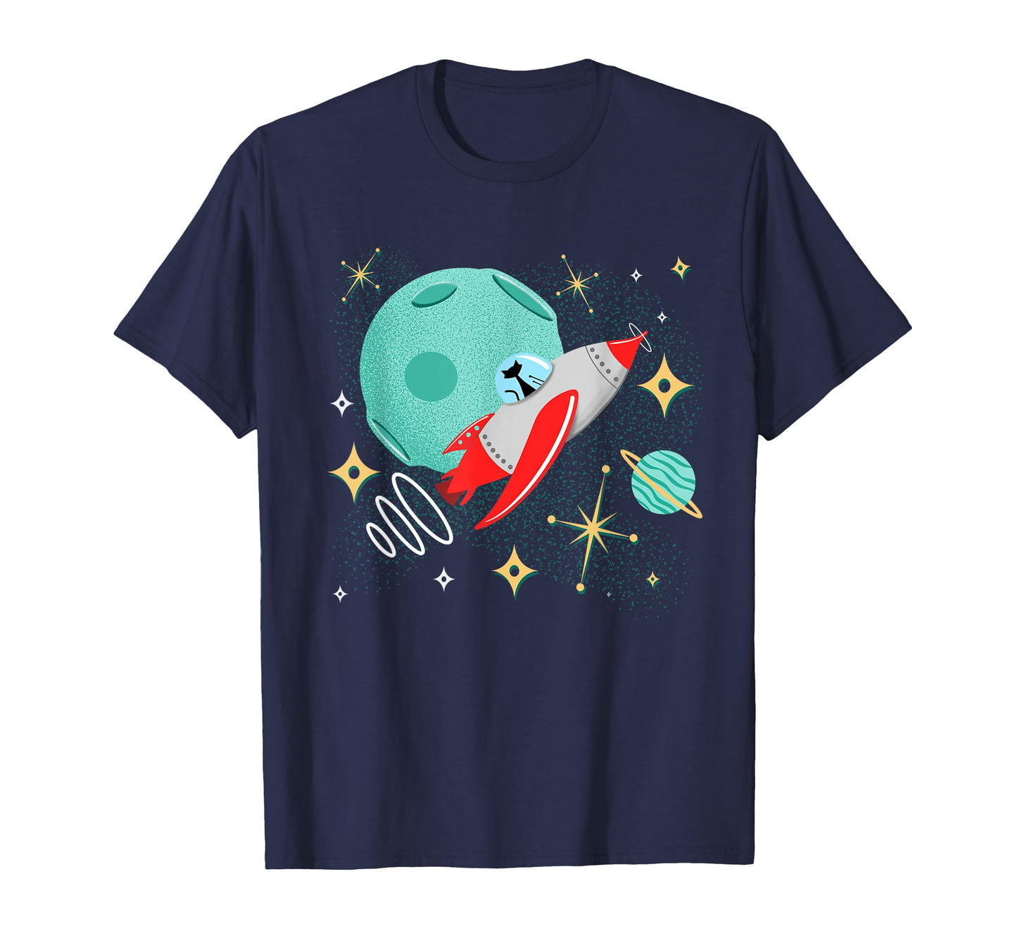 Atomic Rocket Cat Funny Mid-Century Cat Futuristic Spaceship T-Shirt