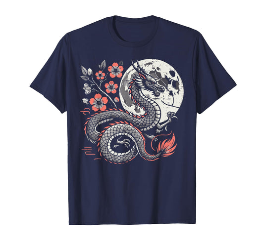 Japanese Dragon Sakura Moon Cherry Blossom Men Women Kids T-Shirt