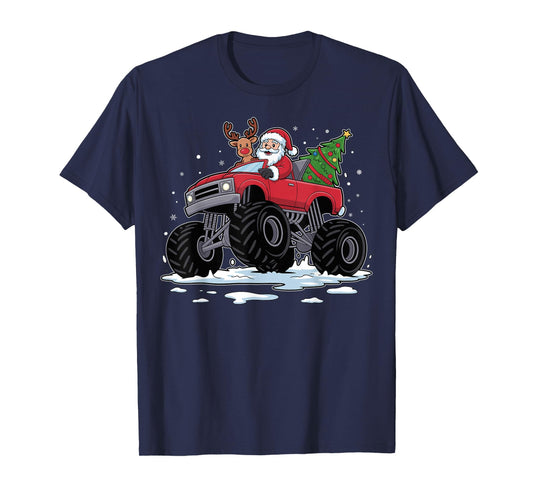 Santa Red Monster Truck Christmas Reindeer Boys Toddler Xmas T-Shirt