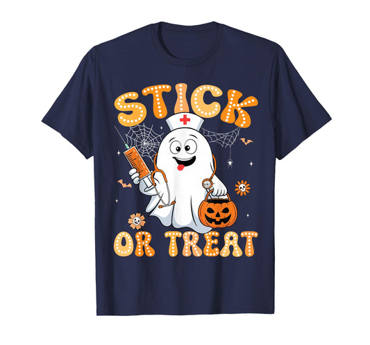 Groovy Stick or Treat Funny Halloween Costume Nurse Women T-Shirt