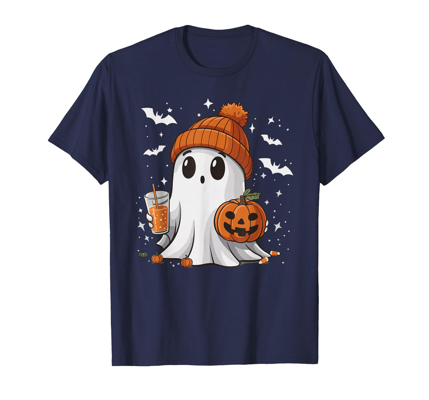 Cute Halloween Ghost with Pumpkin Spice Drink Spooky Season T-Shirt