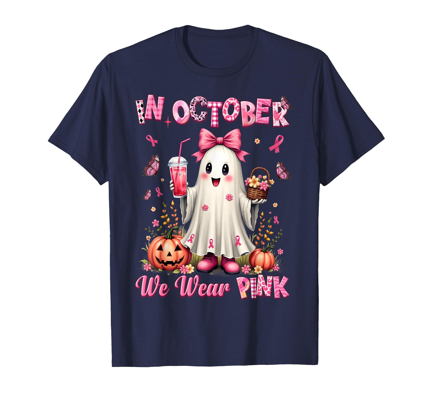 In October We Wear Pink Ghost Breast Cancer Awareness T-Shirt