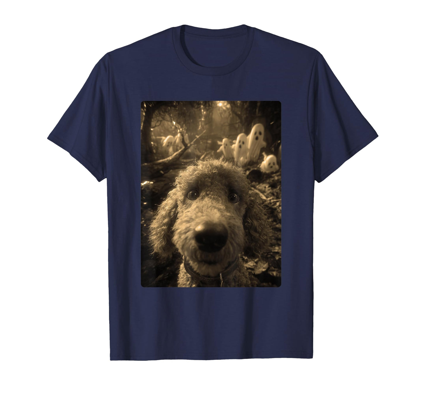 Vintage Poodle Selfie Ghosts Haunted Forest Halloween Dog T-Shirt