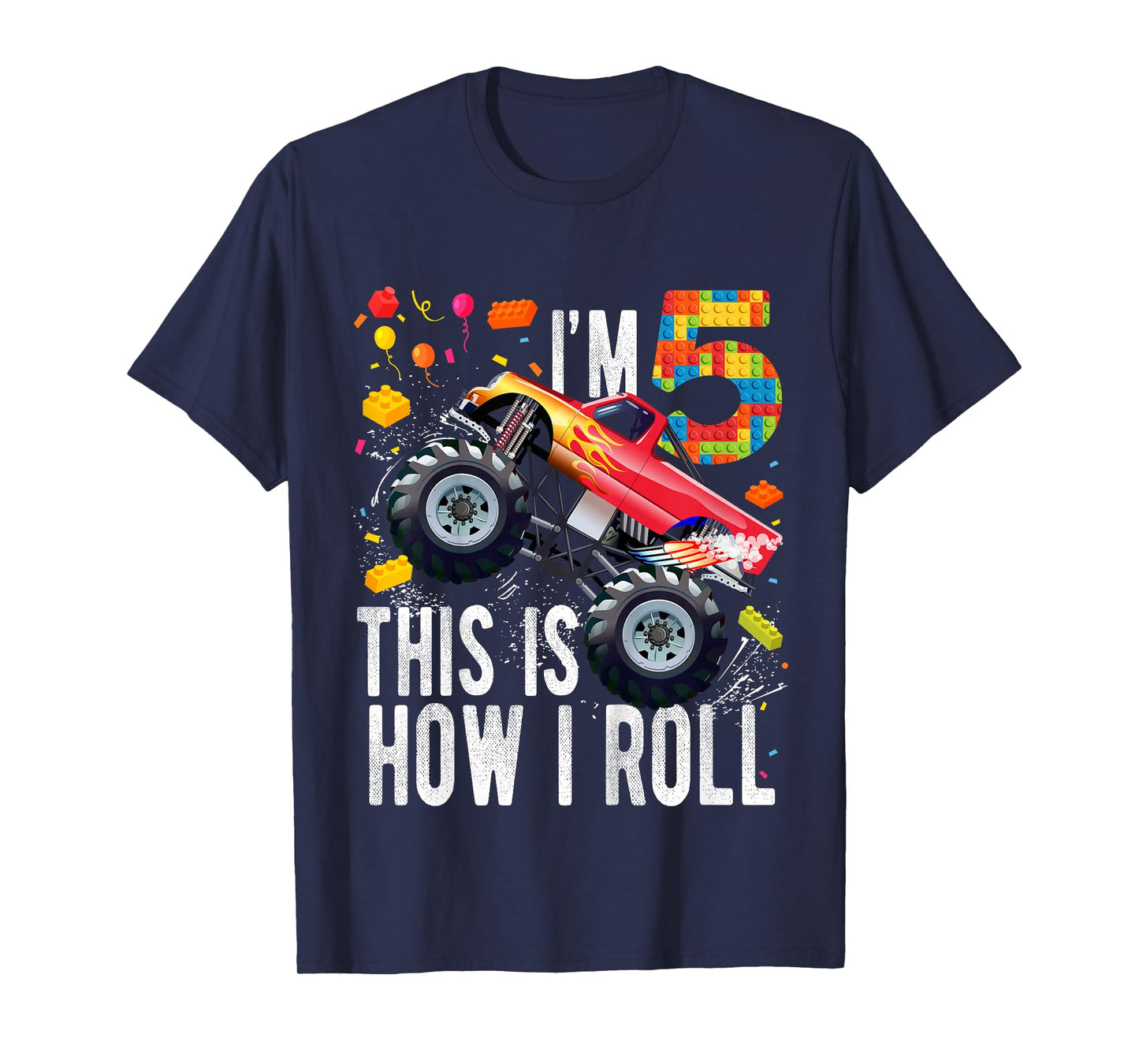 Kids 5 Year Old Building Blocks Monster Truck 5th Birthday Boy T-Shirt